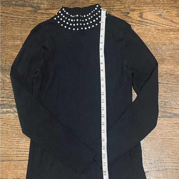 INC International Concepts Black Ribbed Sweater with Rhinestone Collar - Picture 6 of 11